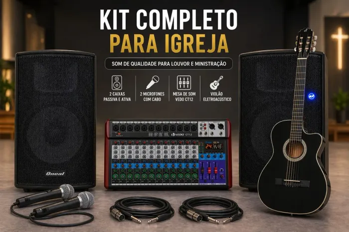 Caixas ativa e passiva 15' 650w, mesa de som, microfones violão. Kit completo para igreja