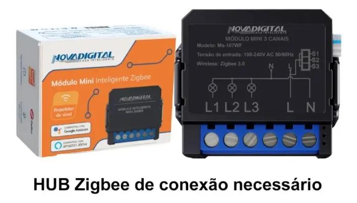 INTERRUPTOR RELÉ  INTELIGENTE ZIGBEE DE 3 CANAIS DA NOVA DIGITAL DE 127 A 220V, 10 AMP.