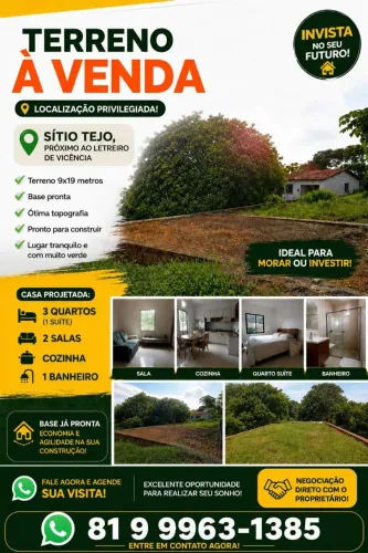 Compre agora! Terreno enorme 9x19 Sítio Tejo - próximo ao letreiro de Vicência Base pronta