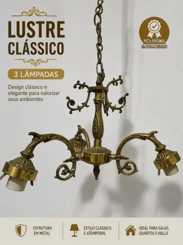 Lustre Antigo Original em Latão/bronze 3 Braços