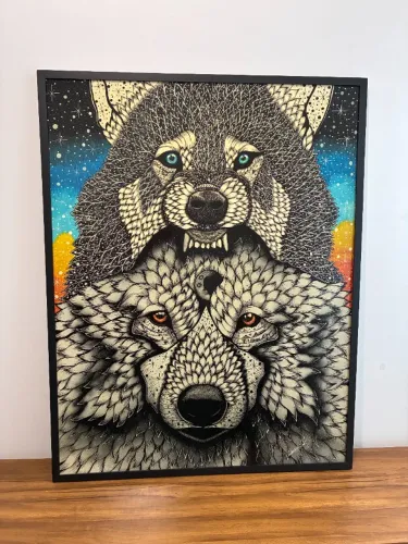 Quadro Artístico Lobo - Pontilhismo Feito à Mão