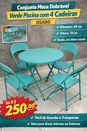 Conjunto Mesa de Ferro Verde Piscina Dobrável com 4 Cadeiras - Usado ( não fazemos entrega