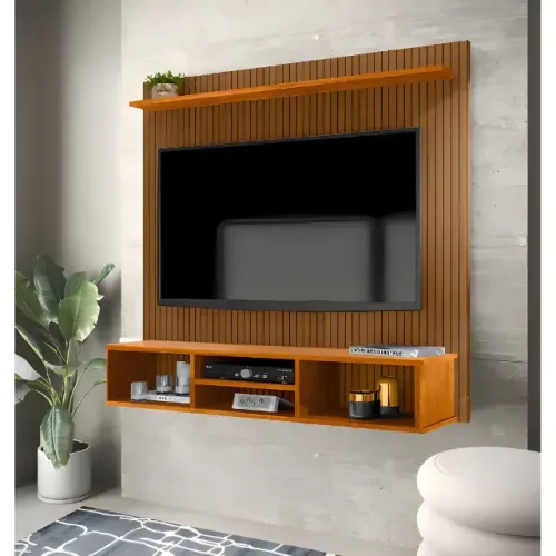 Painel Madeira Simples Tv Sala 50 Pol Ripado Com Nicho Natural
