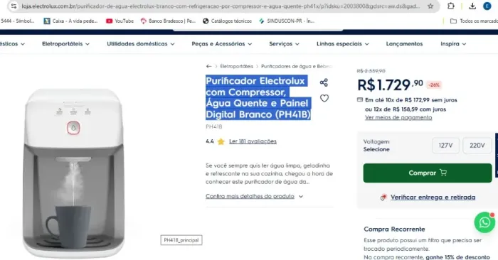 Purificador Electrolux com Compressor, Água Quente e Painel Digital Branco (PH41B)