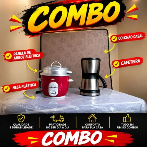 KIT COMBO, mesa, colchão, cafeteira, panela de arroz