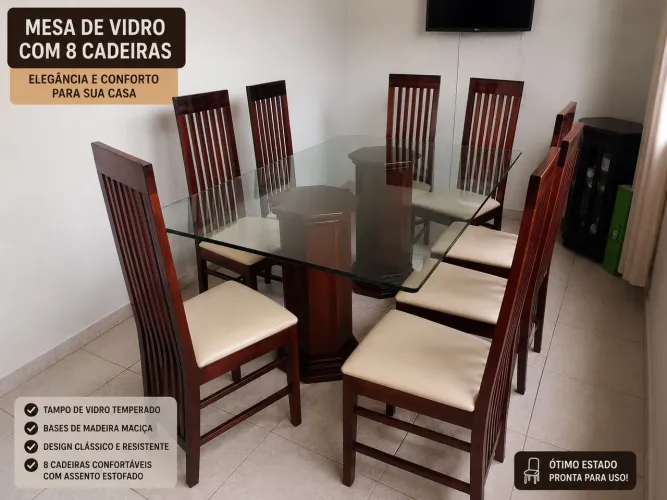 Mesa 8 cadeiras tampo de vidro