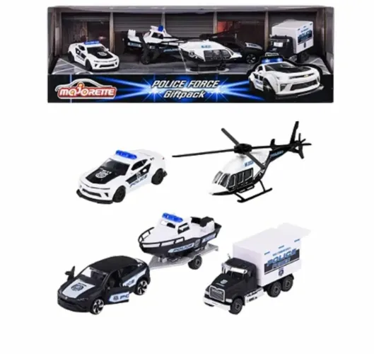 Giftpack 5 Miniaturas Polícia Viaturas Helicóptero Barco Caminhão Majorette Metal 1:64