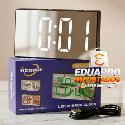 Relógio Digital de Mesa, Estilo Espelhado com Alarme, Medidor de Temperatura 