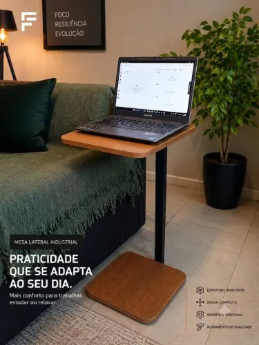 Mesa Lateral Industrial para Sofá, Notebook e Home Office - Estrutura em Metalon 40x20