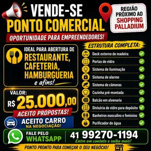 Ponto comercial para restaurante, cafeteria, lanchonete e afins