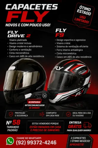 Capacetes FLY Drive 2 + F9 Duo Nº 58 | Intercom de Brinde | R$350 os Dois