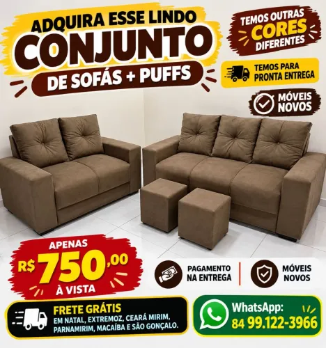 Renove sua sala, com sofás e puffs, produtos novos, com frete grátis em Natal e região.