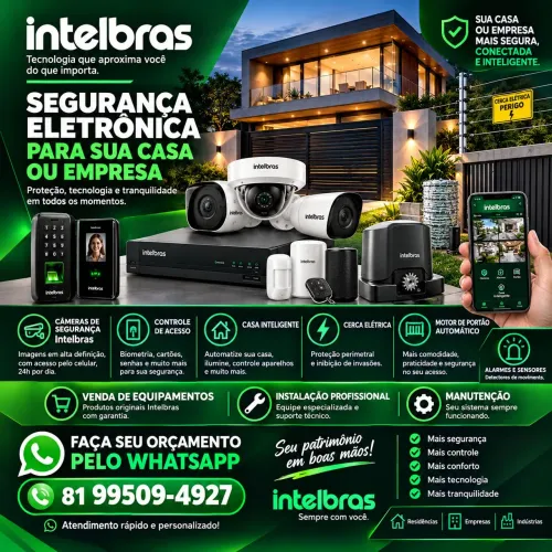 Câmeras de segurança, Cerca Elétrica, Motores de portão, Porteiros eletrônicos e Casa int