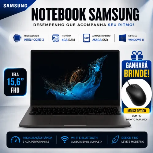 Notebook Samsung Galaxy Book2 Intel Core i3-1215U 12ª Geração 4GB RAM 256GB SSD 15,6?