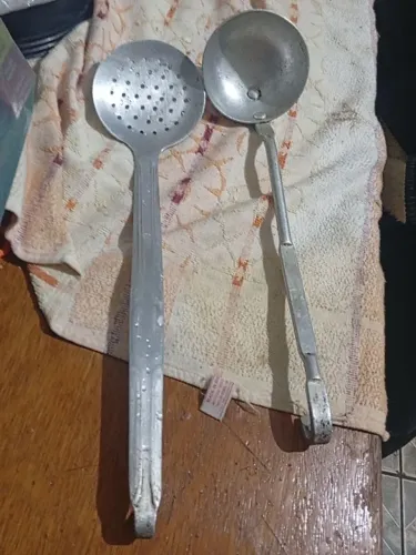 concha e escumadeira em alumínio, rústico, peça de decoração