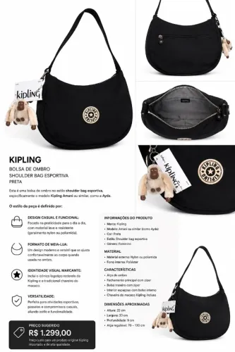 Kipling Bolsa de Ombro Shoulder Bag Esportiva Preta
