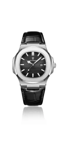 Belo Relógio Poedagar 613 Silver Black Pulseira em Couro Reforçado Preta Com Data na tela