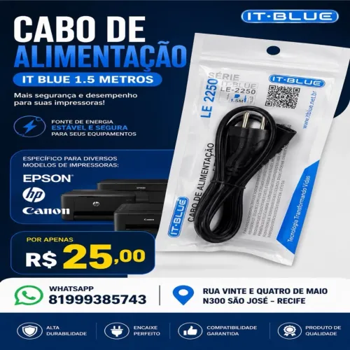 Cabo de alimentação para diversos modelo de impressoras Epson, HP e Canon
