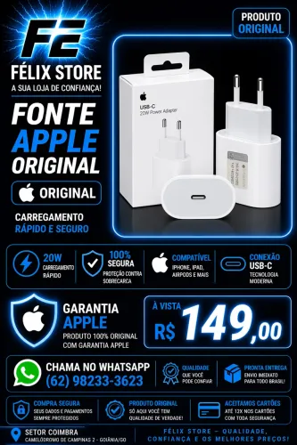Fonte Apple Original 20W USB-C | Garantia Apple | FÉLIX STORE Goiânia