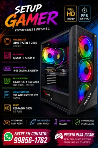 PC Gamer Ryzen 5 2600 GTX 1660 Super - Completo - Até 12 X 246,00 Sem Acréscimo !!!