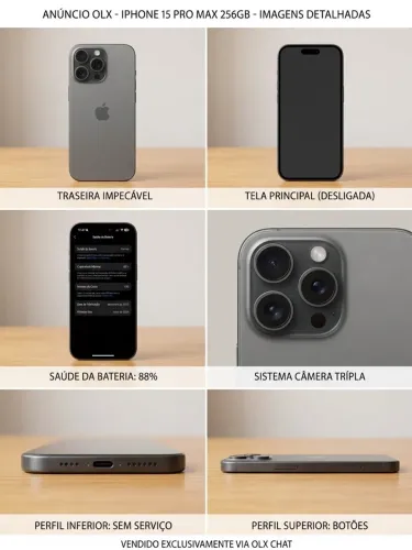IPHONE 15 PRO MAX 256GB CINZA - EXCELENTE ESTAD O, NUNCA ABERTO! (Bateria 88%)