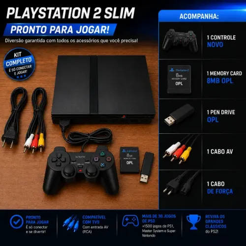 Playstation 2 Slim + 1500 Jogos + Controles novo + Memory Card 8MB
