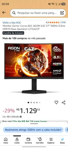 Monitor AOC G4Z 27 polegadas 300HZ 0.3ms