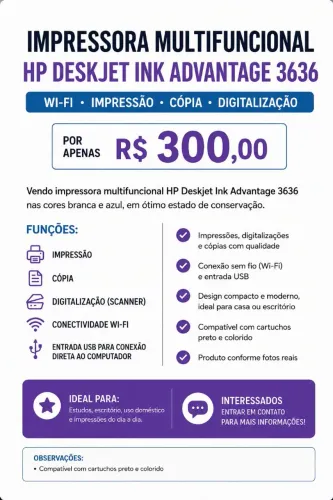 Impressora Multifuncional HP Deskjet Ink Advantage 3636 Wi-Fi - Branca/Azul
