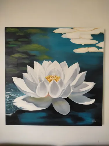 Quadro decorativo Flor de Lótus branca Painel pintura à óleo