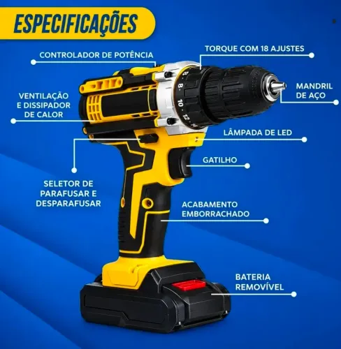 Parafusadeira Furadeira C/ 2 Baterias Maleta Kit Completo Led Vários Níveis Torque Simake