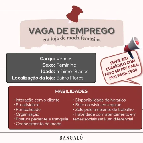 Vaga de Trabalho em loja de moda feminina
