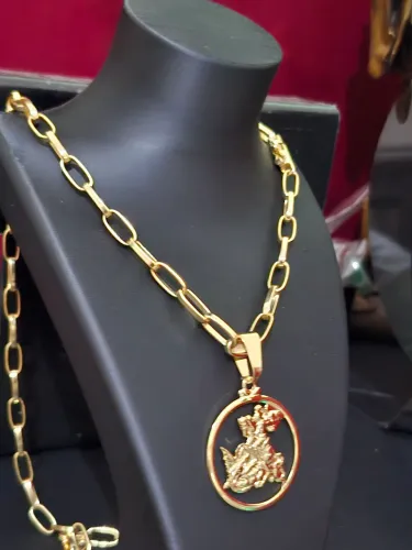 Corrente Meia Cana Banhada a Ouro 18k + Pingente São Jorge