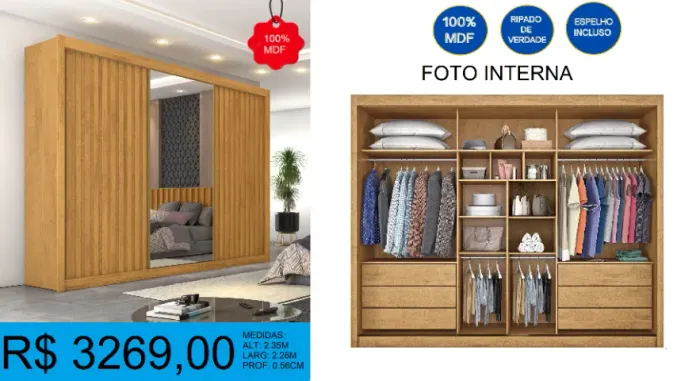 Roupeiro - com espelho - ripado - compre hoje e receba em até 72 horas