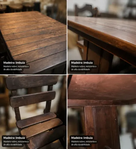 Mesa Rústica em Madeira Maciça - 125 × 80 × 75 cm + 3 cadeiras do mesmo conjunto e 1avulsa