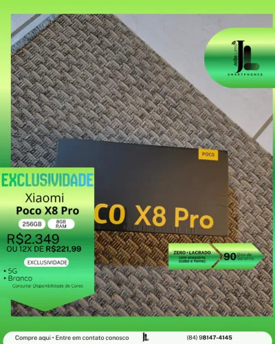 POCO X8 PRO, 5G, 256GB, 12GB RAM, LACRADO(CABO E FONTE), LANÇAMENTO!