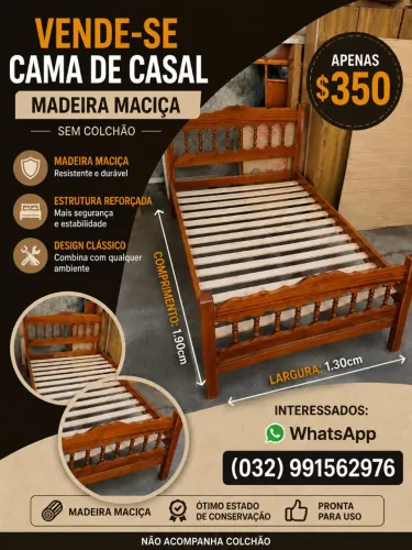 Cama de Casal de Madeira Maciça sem colchão Largura 1.30cm