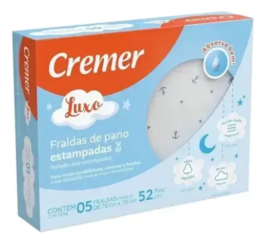 Fralda de Pano Cremer Luxo Estampada 70x70 Pacote com 5 Unidades