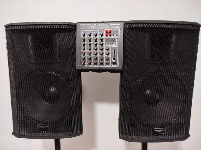 Som profissional - 2 caixas Donner + Mixer Semarous SL-402X