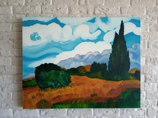 Quadro "Campo de Trigo e Cipreste" releitura de Van Gogh pintura óleo sobre tela
