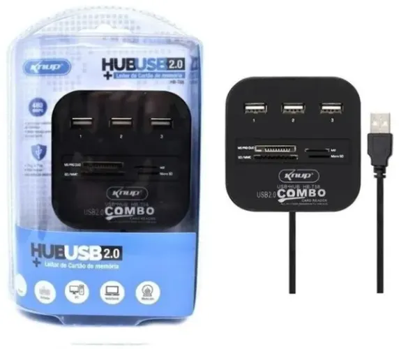 HUB USB 3 em 1 Knup KP-HB T58 - Portas USB e Leitor de Cartão em Um Só Dispositivo