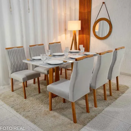 Mesa de Jantar Vidro 160×80 6 Cadeiras Veludo Madeira Maciça  Entregue Montada