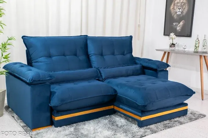 Sofá Retrátil Reclinável Ibis 2.30m Veludo Azul 800 - D33 e Molas Ensacadas rf433