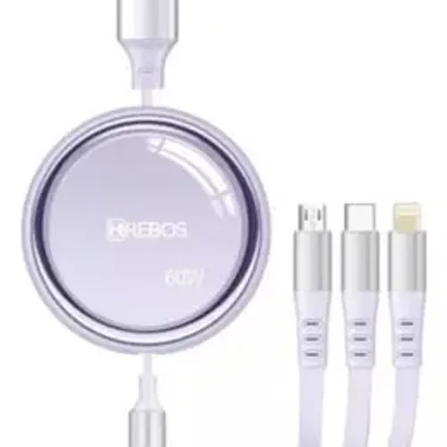 Cabo Retrátil com 3 Pontas Micro USB 60W