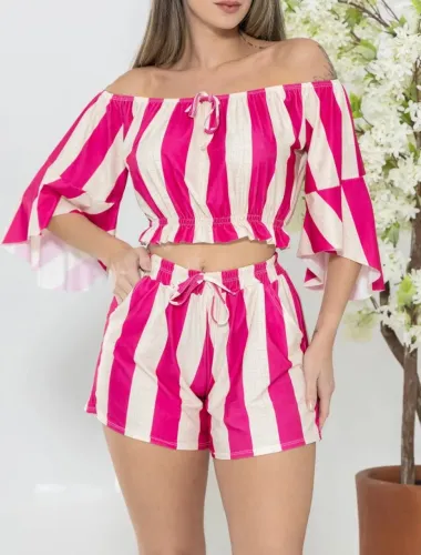conjunto listra short blusa cropped tomara que caia colorido