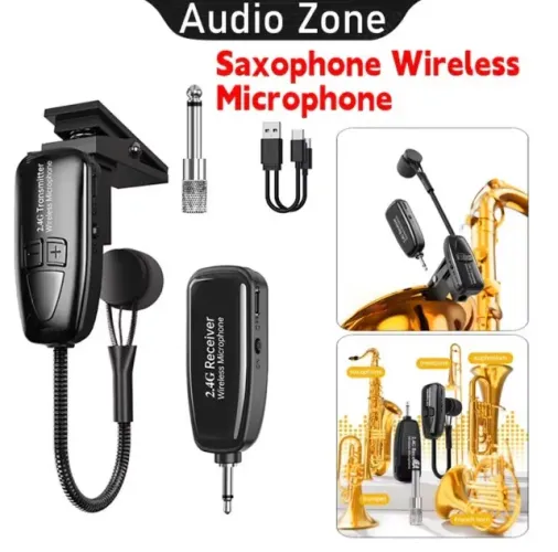 MICROFONE S/FIO RECERREGAVEL SAX ISNTRUMENT SOPRO PERCUSÃO EXCELENTE LONGA FREQUENCIA 2.4G