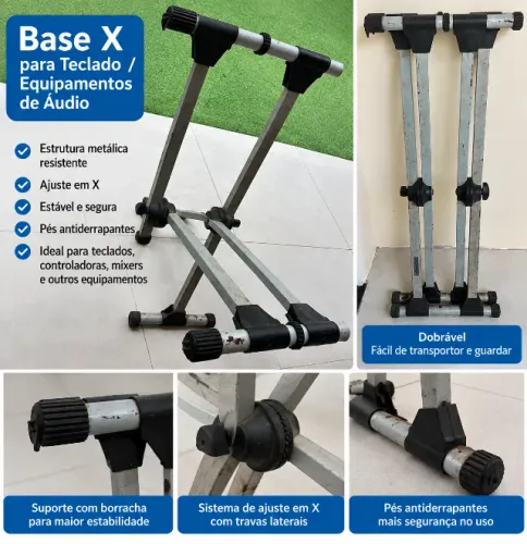 Base X Dupla Reforçada para Teclado e Equipamentos de Áudio - Estrutura Metálica, Reguláve