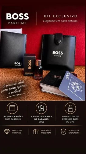 Kit BOSS - Porta cartões + Baralho + Miniatura de perfume original + flaconetes (amostras)