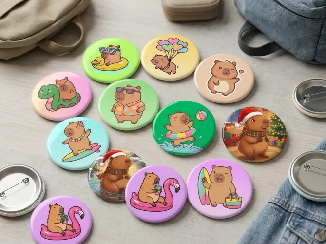 Kit Capivara Lovers 5 Peças: Chaveiro, Espelho, Ímã e Botons - Novo