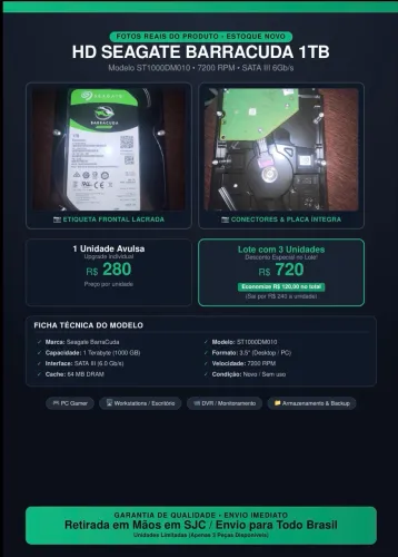 HD SEAGATE BARRACUDA 1TB Modelo ST1000DM010 ? 7200 RPM ? SATA III 6Gb/s