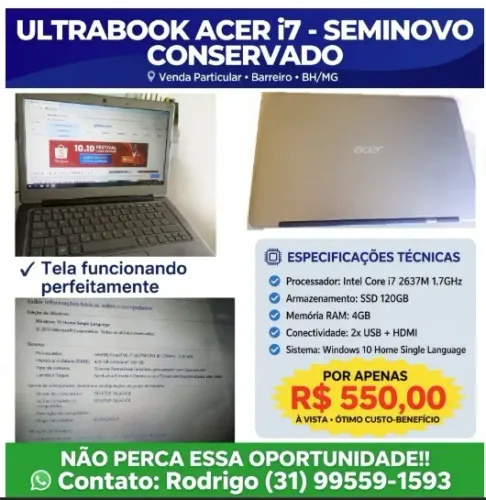 Ultra book Acer Intel i7 ssd 120 memoria 4gb casa loja informática computador escritório